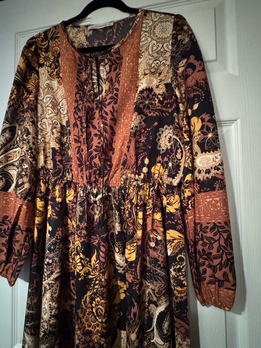 Rusty Dusty Sz XL Boho Paisley Patchwork Long Sleeve Maxi Dress in Rust & Black - Picture 5 of 9